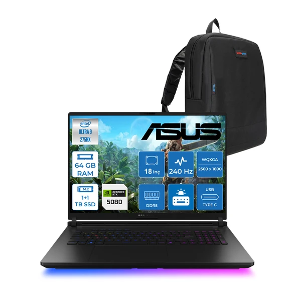 Asus Rog Strix Scar 18 G835LW-SA129 Intel Core Ultra 9 275HX Aı 64GB GB 1tb Ssd+1tbssd 16GB/RTX5080 Gddr7 175W 18" 2.5k 2560X1600 Wqxga 240Hz 3ms 1200NITS Freedos Laptop WSA129F28+ZETTAÇANTA