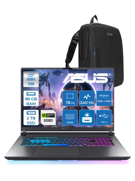 Asus Rog Strix G18 G815LW-S9129 Ultra 9 275HX Aı 96GB GB 2tb SSD 16GB/RTX5080 Gddr7 175W 18" 2.5k Wqxga 240Hz 3ms 500NITS Freedos Gaming Laptop WS9129F37+ZETTAÇANTA ürün görseli