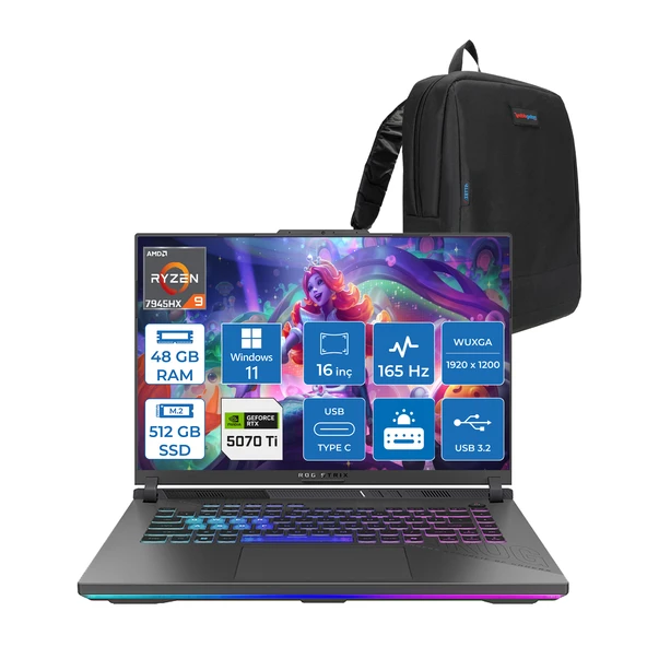 Asus Rog Strix G16 G614PR-RV052 Amd Ryzen 9 7945HX 48GB GB 512GB SSD 12GB/RTX5070Tİ Gddr7 140W 16" Wuxga 165Hz 300NİTS Windows 11 Home Taşınabilir Bilgisayar WRV052H17+ZETTAÇANTA
