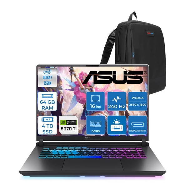 Asus Rog Strix G16 G615LR-S5214 Ultra 7 255HX Aı 64GB GB 4tb SSD 12GB/RTX5070Tİ Gddr7 175W 16" 2.5k 2560 x 1600 Wqxga 240Hz 3ms 500NITS  Freedos Gaming Laptop WLRS5214F31+ZETTAÇANTA