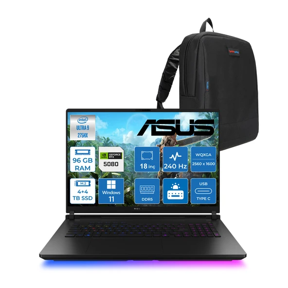 Asus Rog Strix Scar 18 G835LW-SA129 Intel Core Ultra 9 275HX Aı 96GB GB 4tb SSD +4tb SSD 16GB/RTX5080 Gddr7 175W 18" 2.5k 2560X1600 Wqxga 240Hz 3ms 1200NITS WINDOWS11PRO Laptop WSA129W48+ZETTAÇANTA