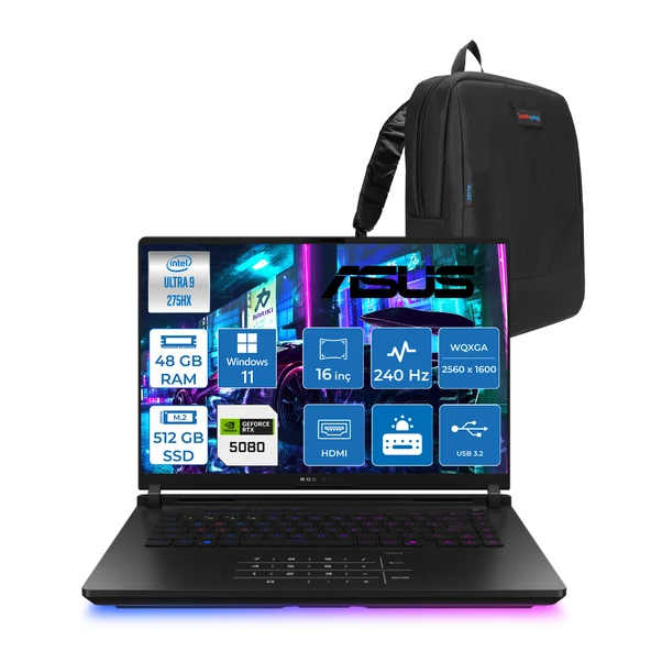 Asus Rog Strix Scar 16 G635LW-RW141 Intel Core Ultra 9 275HX Aı 48GB GB 512GB SSD 16GB/RTX5080 Gddr7 175W 16" 2.5k (2560X1600,WQXGA) 240Hz 3ms 1200NITS Windows 11 Home Laptop WSA141H17+ZETTAÇANTA