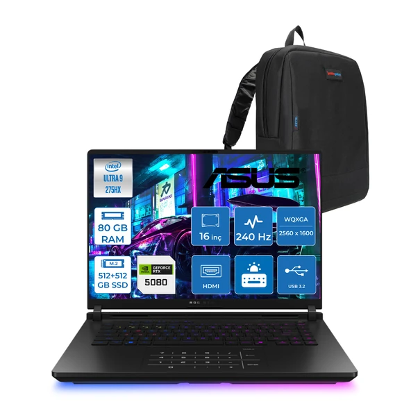 Asus Rog Strix Scar 16 G635LW-RW141 Intel Core Ultra 9 275HX Aı 80GB GB 512GB+512GB 16GB/RTX5080 Gddr7 175W 16" 2.5k (2560X1600,WQXGA) 240Hz 3ms 1200NITS Freedos Laptop WSA141F34+ZETTAÇANTA