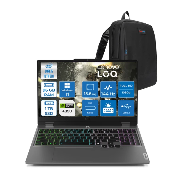 Lenovo Loq 15IAX9 Intel Core I5 12600HX 96GB Ddr5 1tb SSD 6GB/RTX4050 105W IPS 300NITS 144Hz WIN11HOME 15.6" Fhd Taşınabilir Bilgisayar W83GS00PETRH30+ZETTAÇANTA