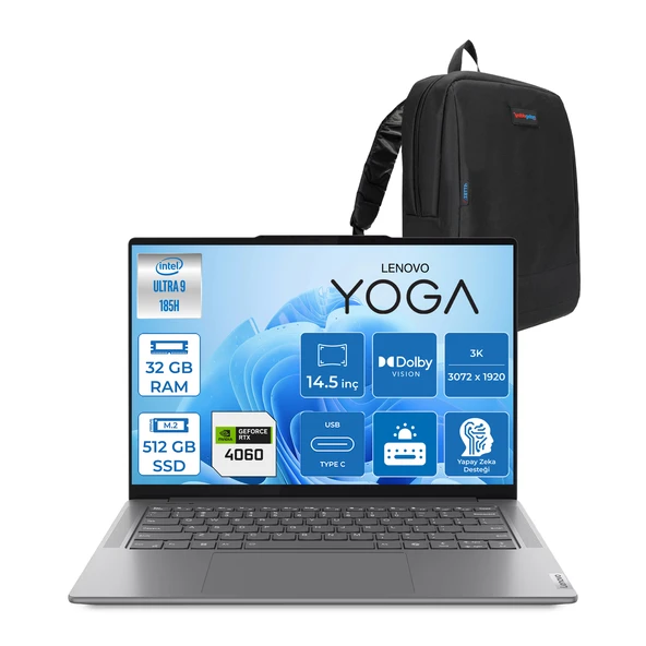 Lenovo Yoga Pro 7i 14IMH9  Ultra 9 185H Aı 32GB 512GB SSD 8GB/RTX4060 14.5" 3k (3072X1920) IPS 400NITS 120 Hz Dokunmatik Freedos Taşınabilir Bilgisayar Y83E200CTTR02+ZETTAÇANTA