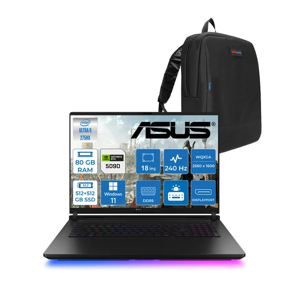 Asus Rog Strix Scar 18 G835LX-SA156 Intel Core Ultra 9 275HX Aı 80GB GB 512GB+512GB 24GB/RTX5090 Gddr7 175W 18" 2.5k 2560 x 1600 240Hz 3ms 1200NITS Windows 11 Pro Laptop WSA156W34+ZETTAÇANTA