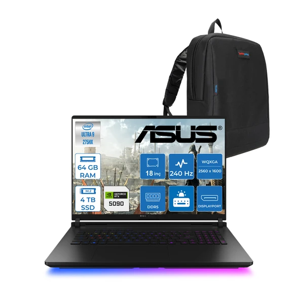 Asus Rog Strix Scar 18 G835LX-SA156 Intel Core Ultra 9 275HX Aı 64GB GB 4tb SSD 24GB/RTX5090 Gddr7 175W 18" 2.5k 2560 x 1600 240Hz 3ms 1200NITS Freedos Laptop WSA156F31+ZETTAÇANTA