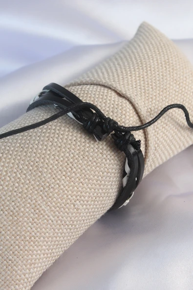 Siyah Beyaz Deri İpli Erkek Bileklik - TJ-EB3586 - 2