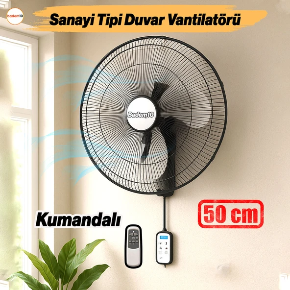 Sanayi Tipi Kumandalı 50 cm 130 W Duvar Vantilatörü Endüstriyel Sessiz Duvara Monte Fan
