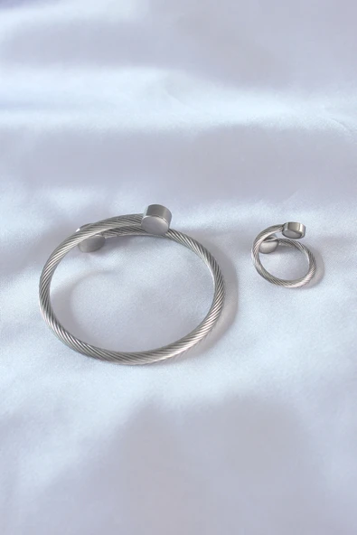 Çelik Gümüş Renk Sıkı Burgu Model Erkek Bileklik Yüzük Seti - TJ-EB3591 - 2