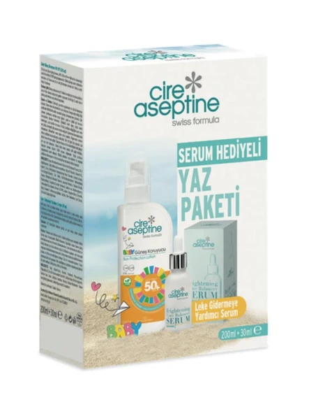 Cire Aseptine Baby Güneş Koruyucu 50 SPF 200 ml +Leke Gidermeye Yardımcı Serum Serum 30 ml Kutu