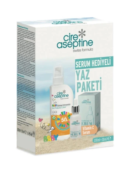 Cire Aseptine Baby Güneş Koruyucu 50 SPF 200 ml + Vitamin C Serum 30 ml Kutu
