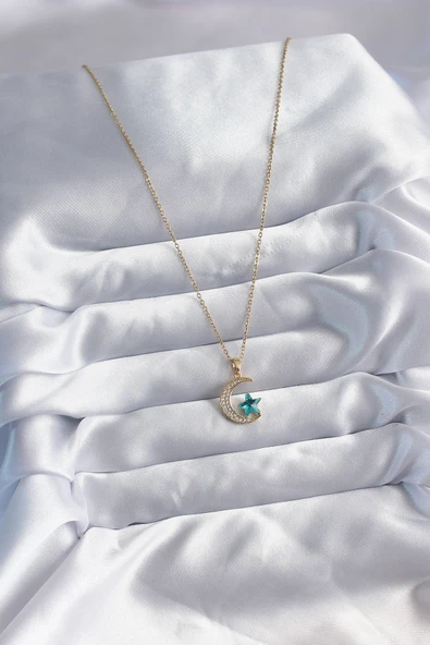 316L Çelik Gold Renk Zincir Zirkon Taş Detay Hilal Yıldızı Figür Kadın Kolye - TJ-BKO8029 - 2