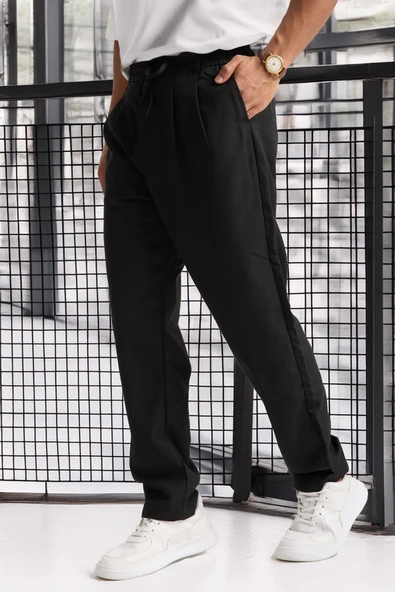 Önü Çift Pileli Fermuarlı Beli Lastikli Jogger Erkek Pantolon - Siyah - 2