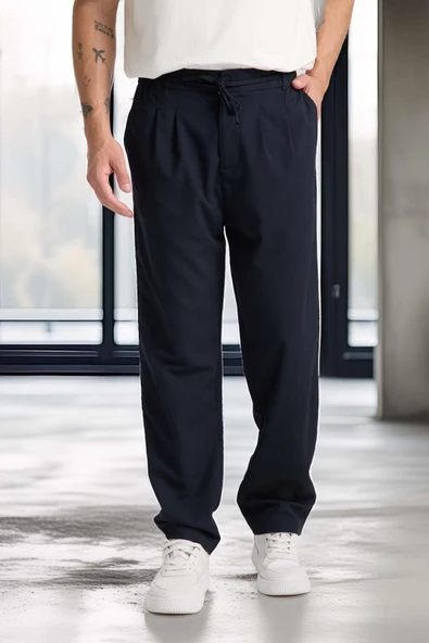 Önü Çift Pileli Fermuarlı Beli Lastikli Jogger Erkek Pantolon - Lacivert - 4