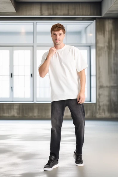 İki İplik Kumaş Pamuklu Bisiklet Yaka Basic Oversize Erkek T-Shirt - Ekru - 3