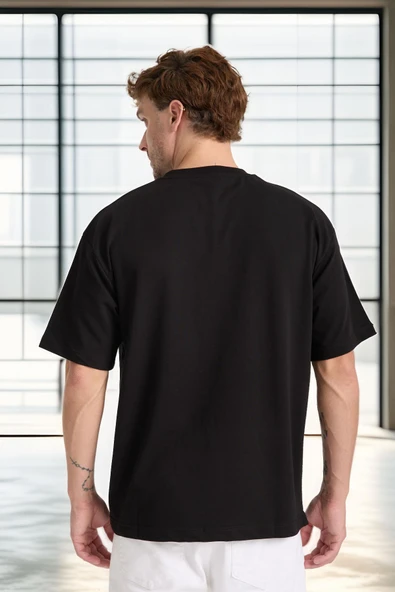 İki İplik Kumaş Pamuklu Bisiklet Yaka Basic Oversize Erkek T-Shirt - Siyah - 7