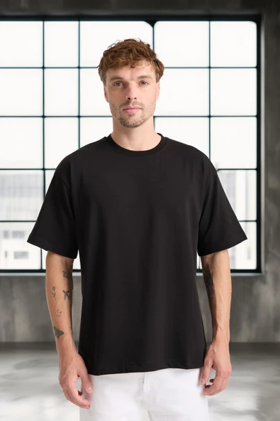 İki İplik Kumaş Pamuklu Bisiklet Yaka Basic Oversize Erkek T-Shirt - Siyah - 4