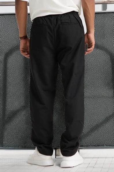 Önü Çift Pileli Fermuarlı Beli Lastikli Jogger Erkek Pantolon - Siyah - 4