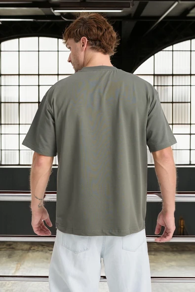 İki İplik Kumaş Pamuklu Bisiklet Yaka Basic Oversize Erkek T-Shirt - Avcı Yeşili - 8