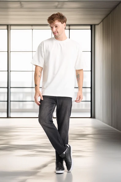 İki İplik Kumaş Pamuklu Bisiklet Yaka Basic Oversize Erkek T-Shirt - Ekru - 5