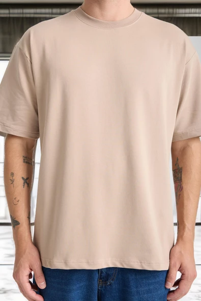İki İplik Kumaş Pamuklu Bisiklet Yaka Basic Oversize Erkek T-Shirt - Kum Beji - 2