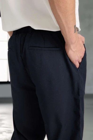 Önü Çift Pileli Fermuarlı Beli Lastikli Jogger Erkek Pantolon - Lacivert - 2