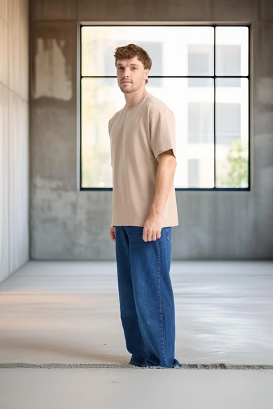İki İplik Kumaş Pamuklu Bisiklet Yaka Basic Oversize Erkek T-Shirt - Kum Beji - 3