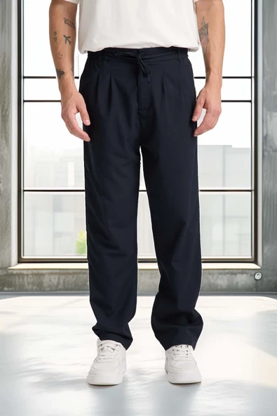Önü Çift Pileli Fermuarlı Beli Lastikli Jogger Erkek Pantolon - Lacivert