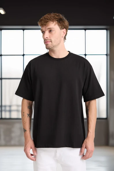 İki İplik Kumaş Pamuklu Bisiklet Yaka Basic Oversize Erkek T-Shirt - Siyah - 8