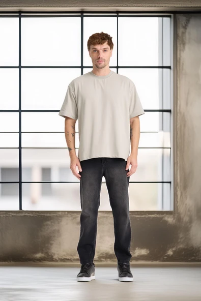İki İplik Kumaş Pamuklu Bisiklet Yaka Basic Oversize Erkek T-Shirt - Mineral Gri - 7