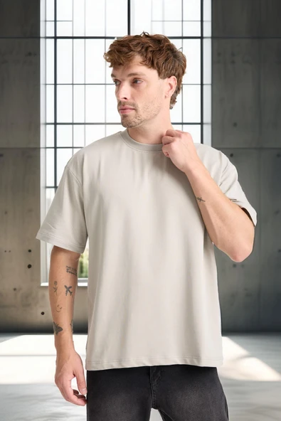 İki İplik Kumaş Pamuklu Bisiklet Yaka Basic Oversize Erkek T-Shirt - Mineral Gri