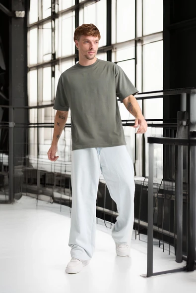 İki İplik Kumaş Pamuklu Bisiklet Yaka Basic Oversize Erkek T-Shirt - Avcı Yeşili - 6