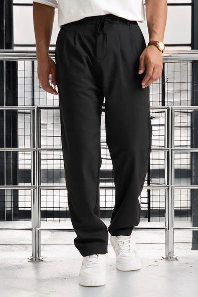 Önü Çift Pileli Fermuarlı Beli Lastikli Jogger Erkek Pantolon - Siyah