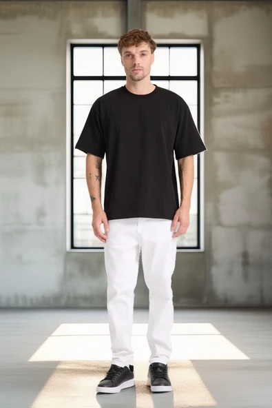 İki İplik Kumaş Pamuklu Bisiklet Yaka Basic Oversize Erkek T-Shirt - Siyah - 5