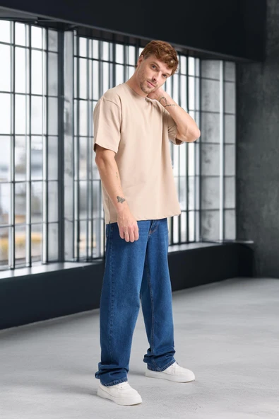 İki İplik Kumaş Pamuklu Bisiklet Yaka Basic Oversize Erkek T-Shirt - Kum Beji - 6
