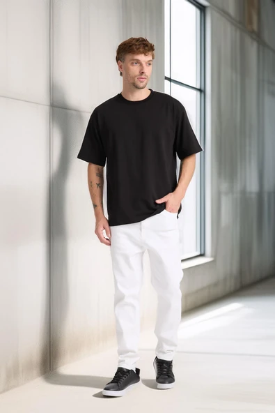 İki İplik Kumaş Pamuklu Bisiklet Yaka Basic Oversize Erkek T-Shirt - Siyah - 3
