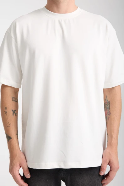 İki İplik Kumaş Pamuklu Bisiklet Yaka Basic Oversize Erkek T-Shirt - Ekru - 2