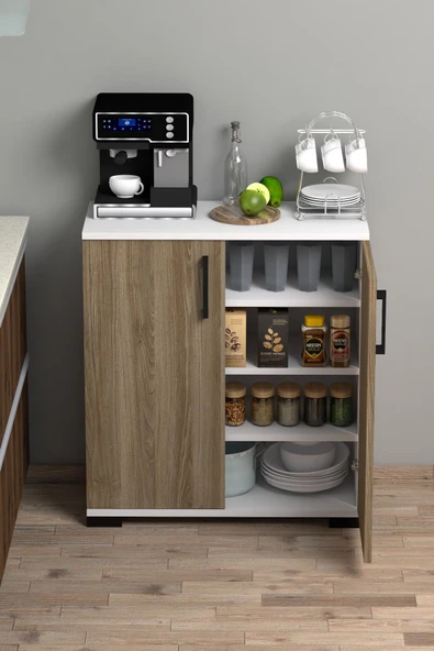 Athena Çok Amaçlı 2 Kapaklı ,Kahve Köşesi,Mutfak,Banyo, Kiler Dolabı Meşe - Resim 5