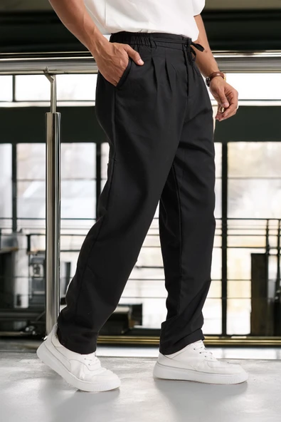 Önü Çift Pileli Fermuarlı Beli Lastikli Jogger Erkek Pantolon - Siyah - 3