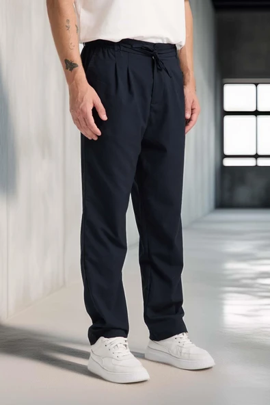 Önü Çift Pileli Fermuarlı Beli Lastikli Jogger Erkek Pantolon - Lacivert - 5