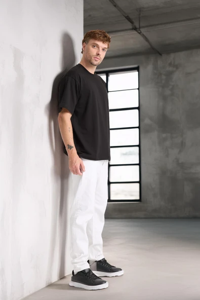İki İplik Kumaş Pamuklu Bisiklet Yaka Basic Oversize Erkek T-Shirt - Siyah - 6