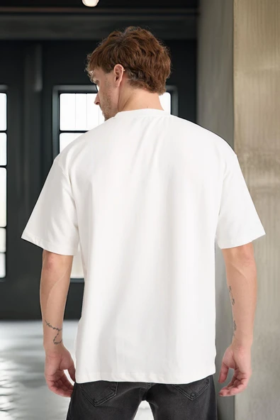 İki İplik Kumaş Pamuklu Bisiklet Yaka Basic Oversize Erkek T-Shirt - Ekru - 8