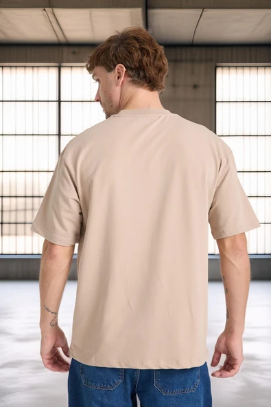 İki İplik Kumaş Pamuklu Bisiklet Yaka Basic Oversize Erkek T-Shirt - Kum Beji - 7