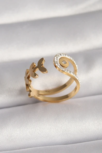 316L Çelik Gold Renk Zirkon Taşlı Yaprak Model Kadın Yüzük - TJ-BYK3092