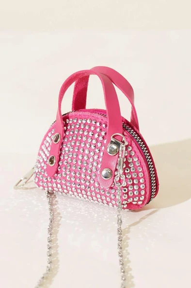 pembe Süet Kumaş, Tek Bölmeli, Zincir Askılı,Fermuarlı, Taşlı, Mini El Ve Omuz Çantası 10 cm