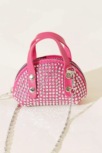 pembe Süet Kumaş, Tek Bölmeli, Zincir Askılı,Fermuarlı, Taşlı, Mini El Ve Omuz Çantası 10 cm - 2