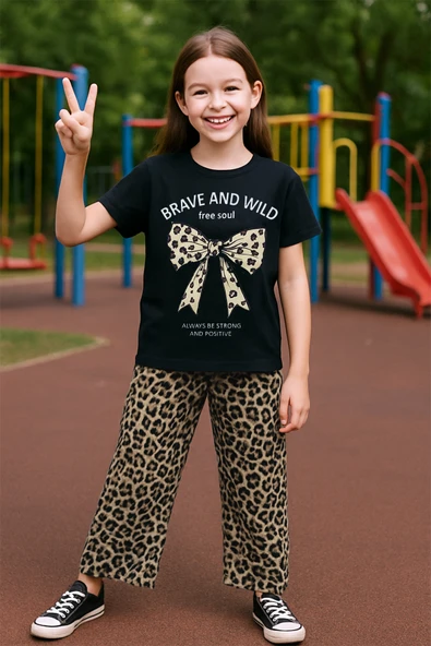 KIZ ÇOCUK YAZLIK İKİLİ TAKIM LEOPAR BASKILI B46 - Resim 4