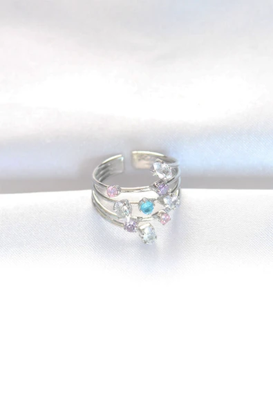 Renkli Zirkon Taşlı Silver Renk Ayarlanabilir Yüzük - TJ-BYK3127 - 2