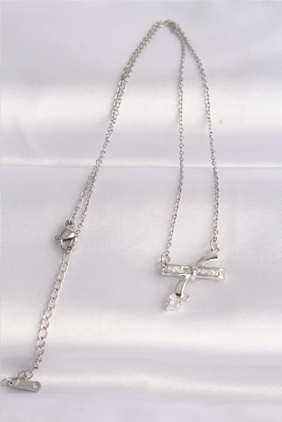 316L Çelik Zincir Gümüş Renk Zirkon Taşlı Kalp Detay Fiyonk Kolye - TJ-BKO8621 - 2